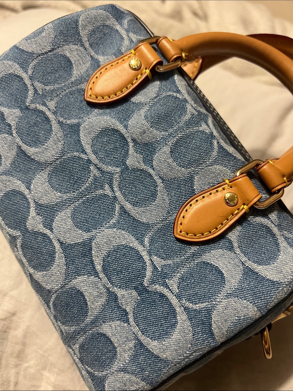 Coach Denim Mini Satchel in Blue with Tan Leather Handles - Picture 2 of 7